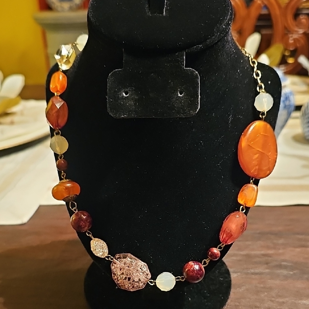 New Body Central Elegant Orange Bead Statement Necklace Stones Crystals 35 In